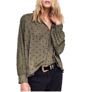 Zara Olive Green Black Embroidered Dot Button Neck Top - Small